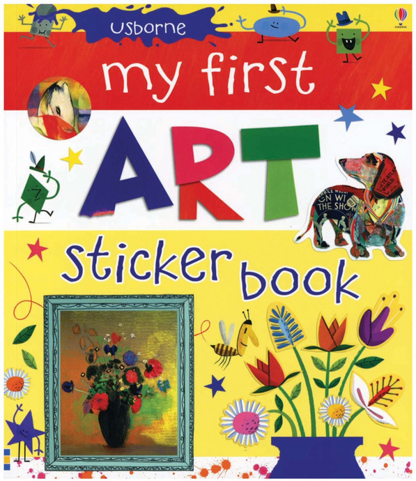 Cover of 'My First Art Sticker Book' featuring a colorful array of decorative stickers with art-related themes.
