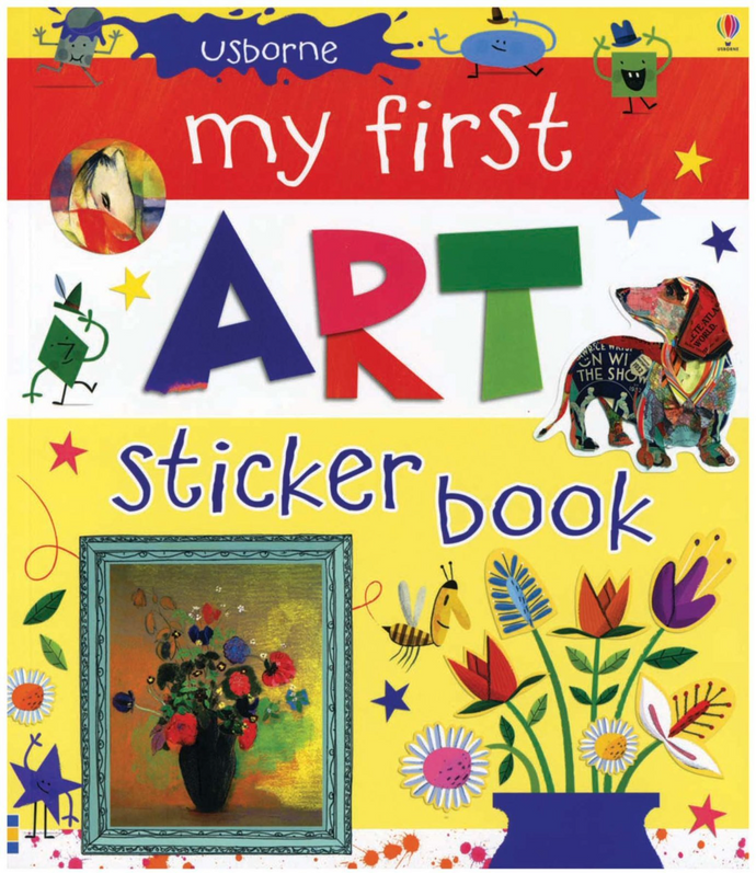 Cover of 'My First Art Sticker Book' featuring a colorful array of decorative stickers with art-related themes.